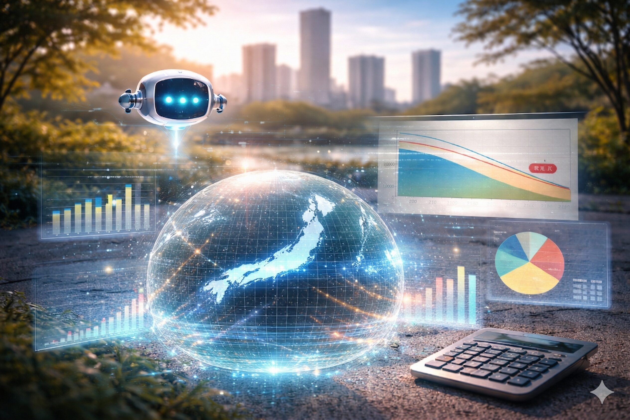 100年後の日本の人口減少とAI分析をイメージした、屋外で光る日本地図のようなデータ表現