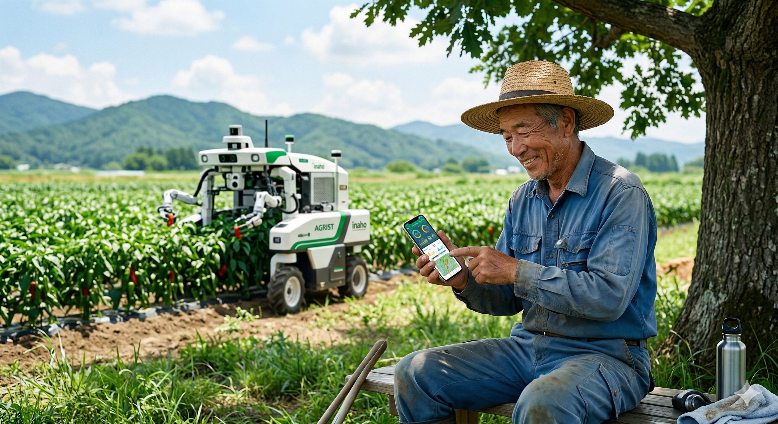 麦わら帽子を被った笑顔の高齢農家が木陰でスマートフォンを操作し、背後で自律走行型の農業ロボットが稼働しているスマート農業のイメージ風景