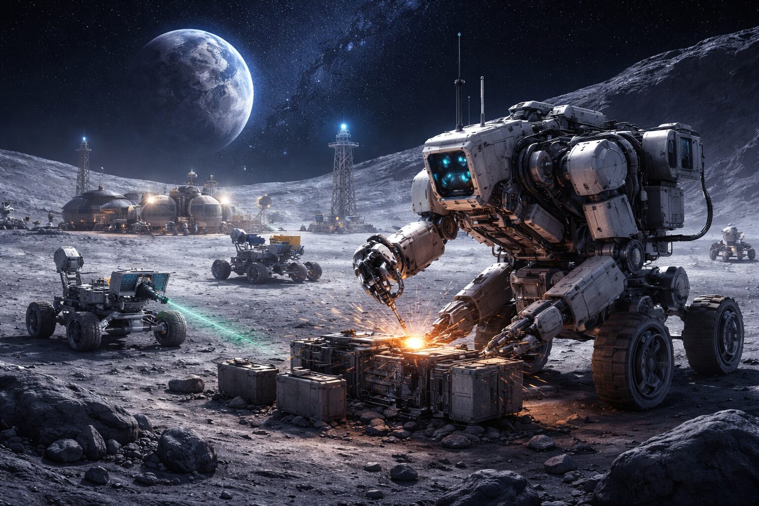 人間が常駐する前の月面で、AIと自律ロボットが日常運用を回す2030年代の月面基地を表現した画像