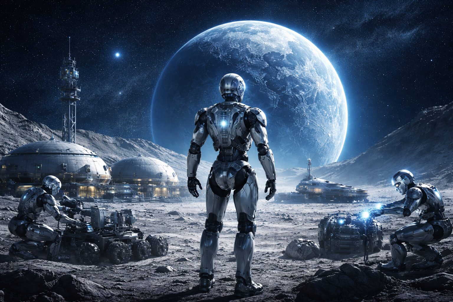 人間のいない月面基地で、AIロボットが保守や探査を続ける未来を表現した月面基地のイメージ画像