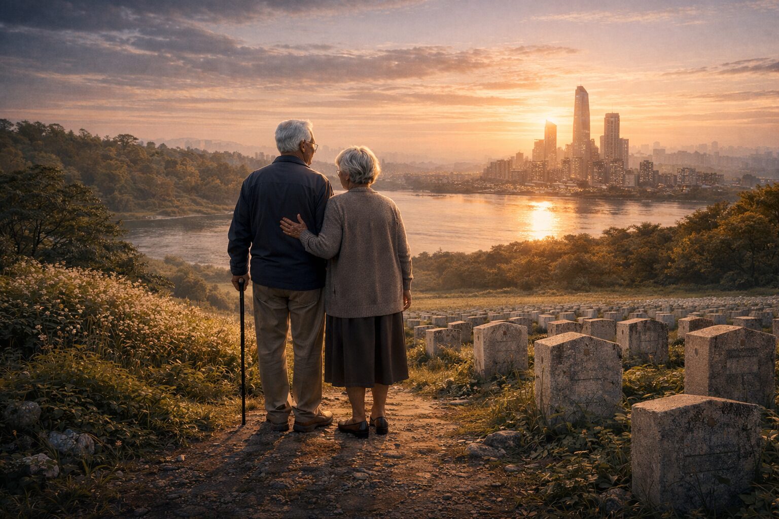 100年後の日本をイメージした、高齢の夫婦が静かな墓地越しに小さな都市を見つめる風景
