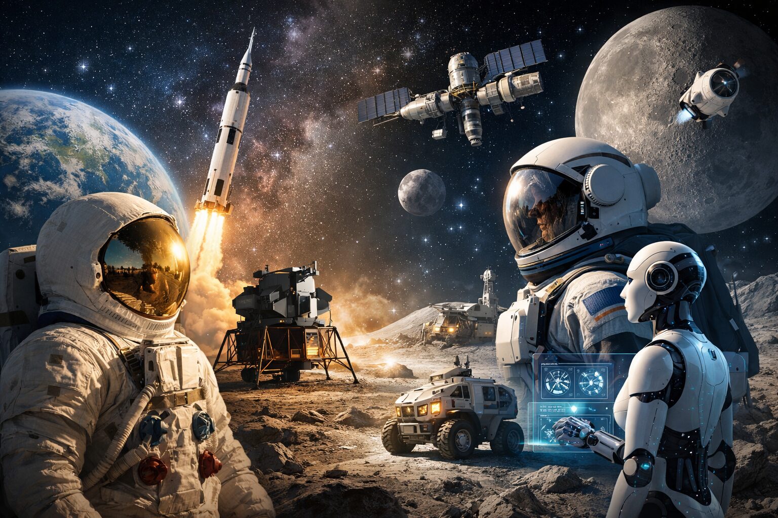 アポロ時代の宇宙飛行士と、アルテミス時代の宇宙飛行士・月面ローバー・AIロボットを対比した月探査のイメージ画像