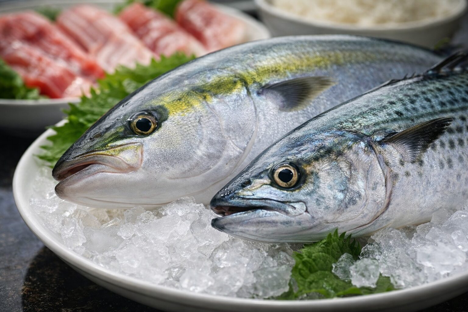 氷の上に並んだブリとサワラを大きく写した食卓イメージ